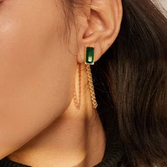 New 18K Gold Plated Green Crystal Chain Earrings - Picture 2 of 6